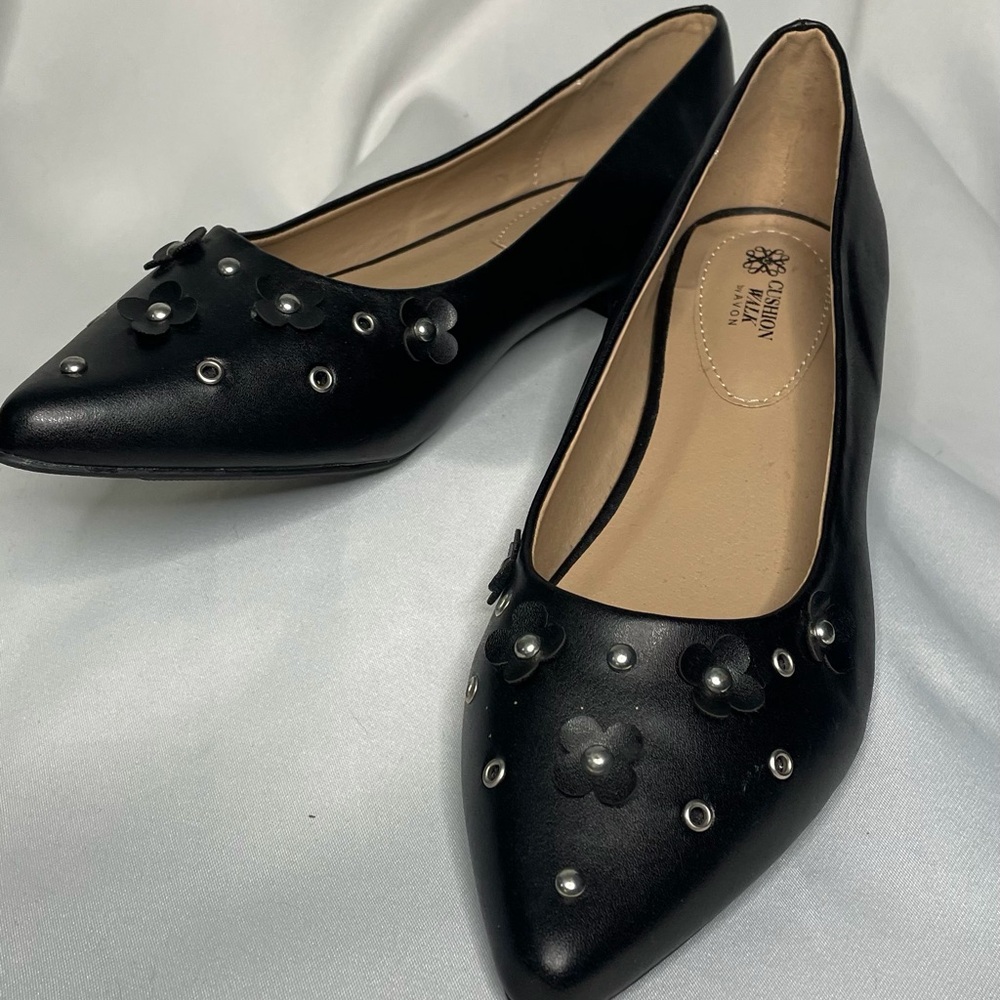 Black Floral Embellished Women's Pointed Toe Dress Flats